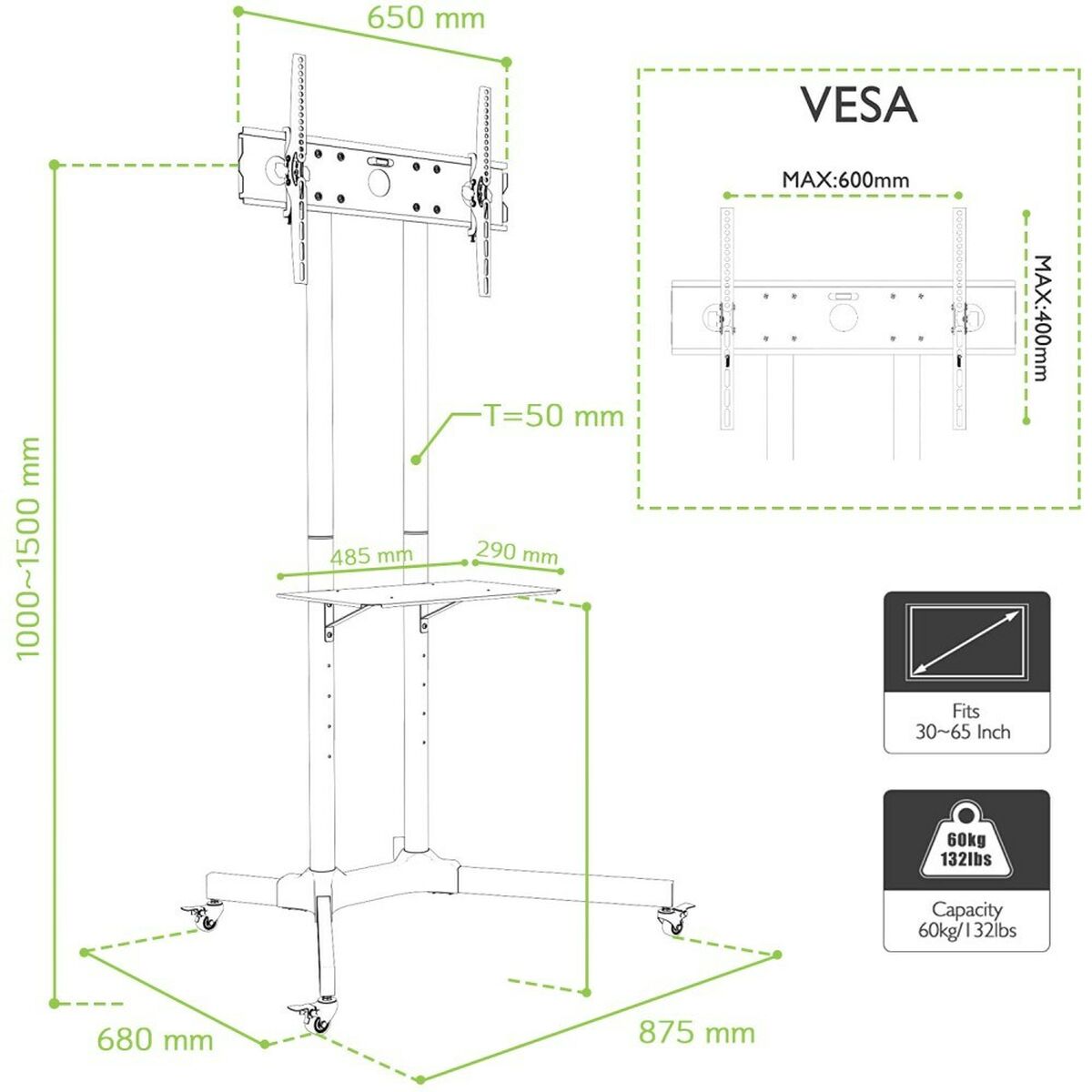 "Techly ICA-TR6 Support TV mobile 30-65"" jusqu'a 60kg étagere AV réglable"