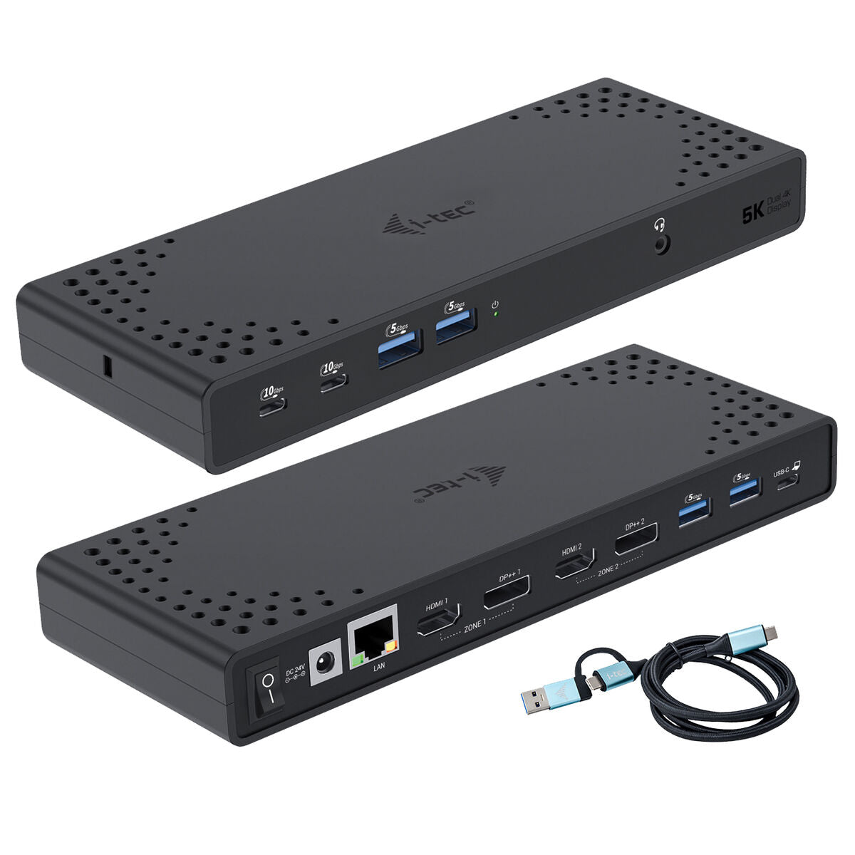 I-TEC USB 3.0/USB-C/Thunderbolt 3 Dualdock 1x5K 2x4K 60Hz 2xDP 2xHDMI 1xGLAN 4xUSB 3.2 2xUSB-C 3.2 Gen.2 1xAudio/Mic Jack PD 100W KL