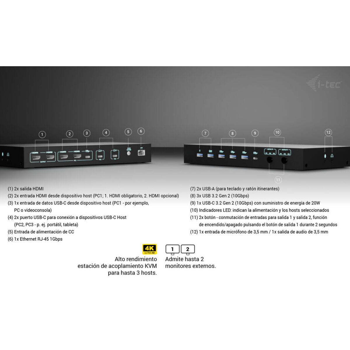 I-TEC USB-C KVM Docking station for 3 Hosts 2xHDMI 1xGLAN 1xUSB-C Gen2 3x USB-A Gen2 2x USB-A 1.1 1xAudio 1xMic PD 1x 92W/2x 65W