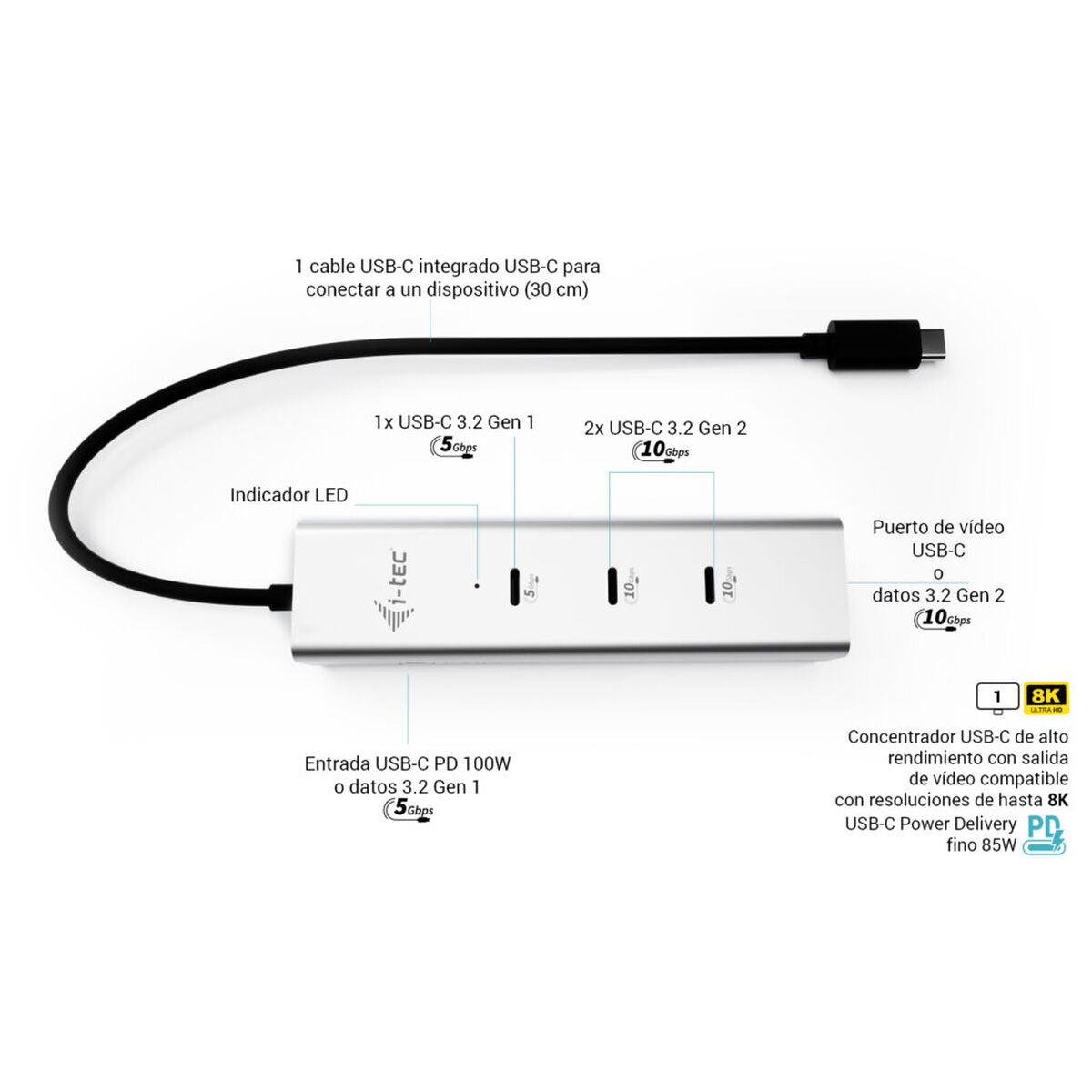 I-TEC USB-C Charging Metal HUB 5port with USB-C video 8K 1xUSB-C video/Data 1xUSB-C PD/Data 1xUSB-C 3.2 Gen1 2xUSB-C 3.2 Gen2 PD85W
