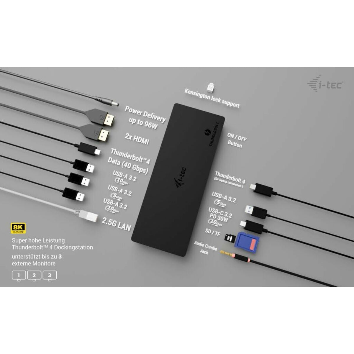 I-TEC Thunderbolt4 3xDisplay DS 2xHDMI 1xTB3 1x2.5GLAN 1xUSB-C Gen2 2xUSB-A Gen2 2xUSB-A Gen1 SD+TF Cardreader 1x Audio/Mic PD 96W