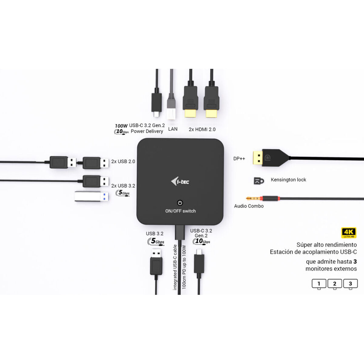 I-TEC USB-C DS 2 x HDMI 1x DP 1x GLAN 1x USB-C 3.2 3x USB-A 3.2 2x USB 2.0 1x 3.5mm Audio/Mic 1x 100W USB-C Power Delivery + Charger