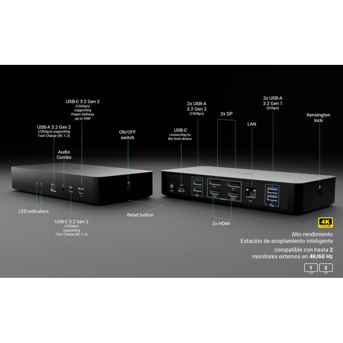 I-TEC Universal Intelligent Dual Display DS 2xHDMI 2xDP 1xGLAN 2xUSB-C Gen2 3xUSB-A Gen2 2xUSB-A Gen1 1xAudio/Mic PD100W KL