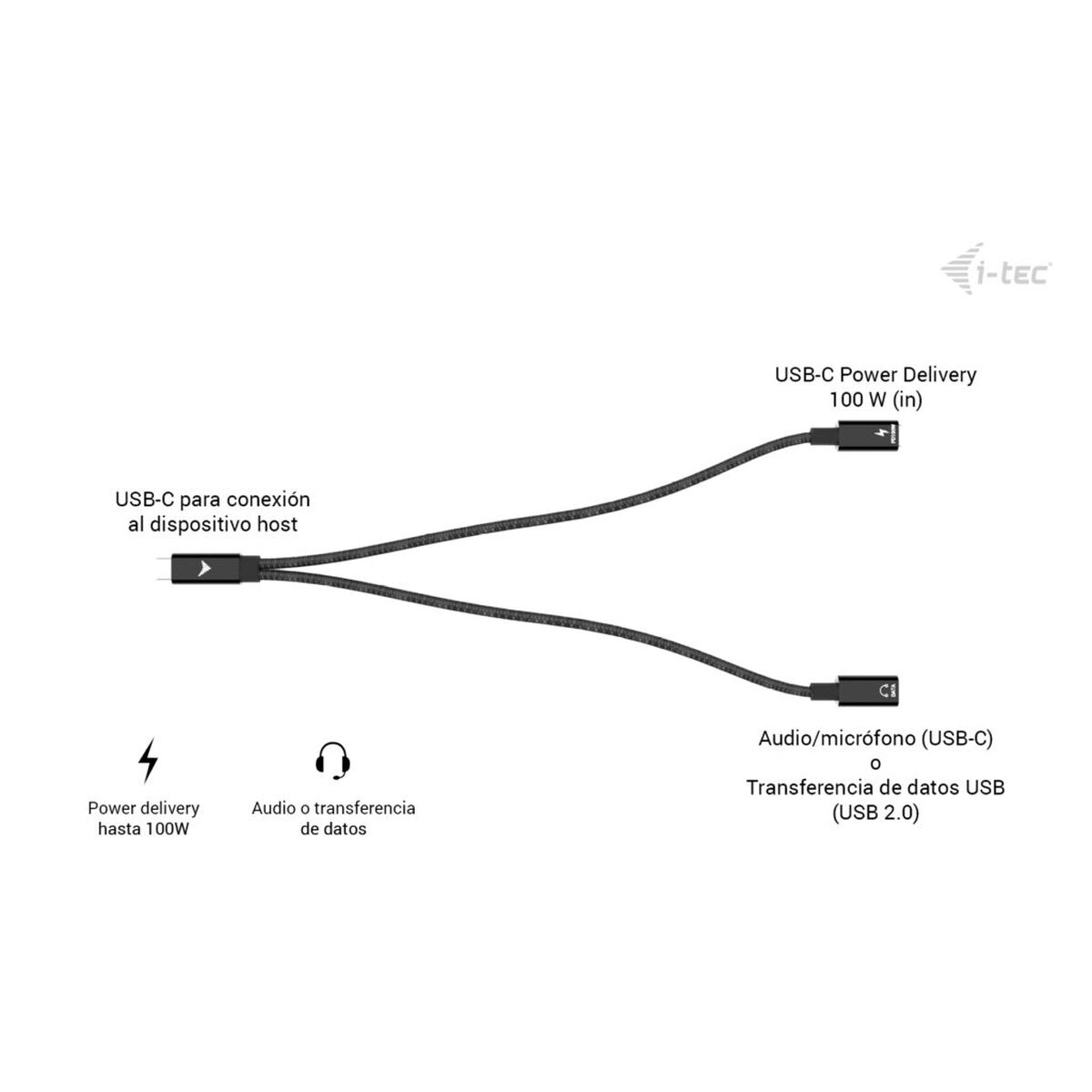 I-TEC USB-C Cable Splitter Audio/Data 1x USB-C PD input 100W 1x USB-C 2.0 for audio/mic or data 480Mbps Power Delivery 100W