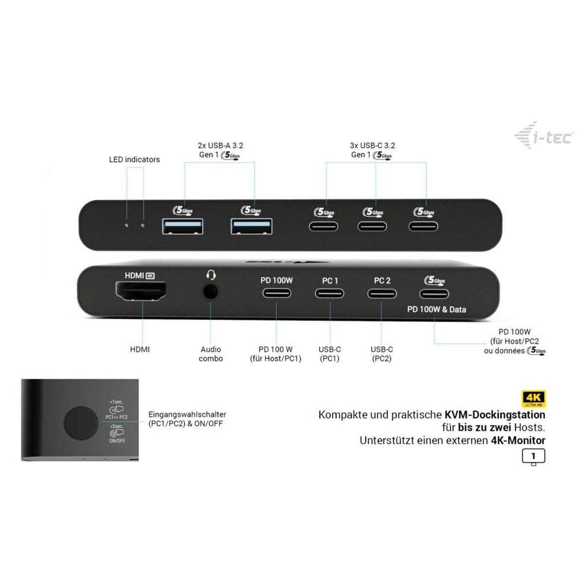 I-TEC KVM Docking Station HDMI for 2 hosts 1x HDMI 3xUSB-C 3.2 Gen1 2x USB-A 3.2 Gen 1 1x 3.5mm Audio/Mic Power Delivery 2x 100W