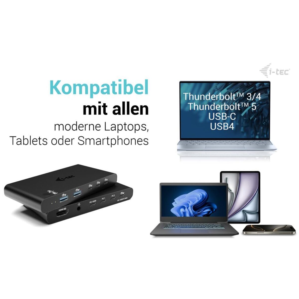 I-TEC KVM Docking Station HDMI for 2 hosts 1x HDMI 3xUSB-C 3.2 Gen1 2x USB-A 3.2 Gen 1 1x 3.5mm Audio/Mic Power Delivery 2x 100W