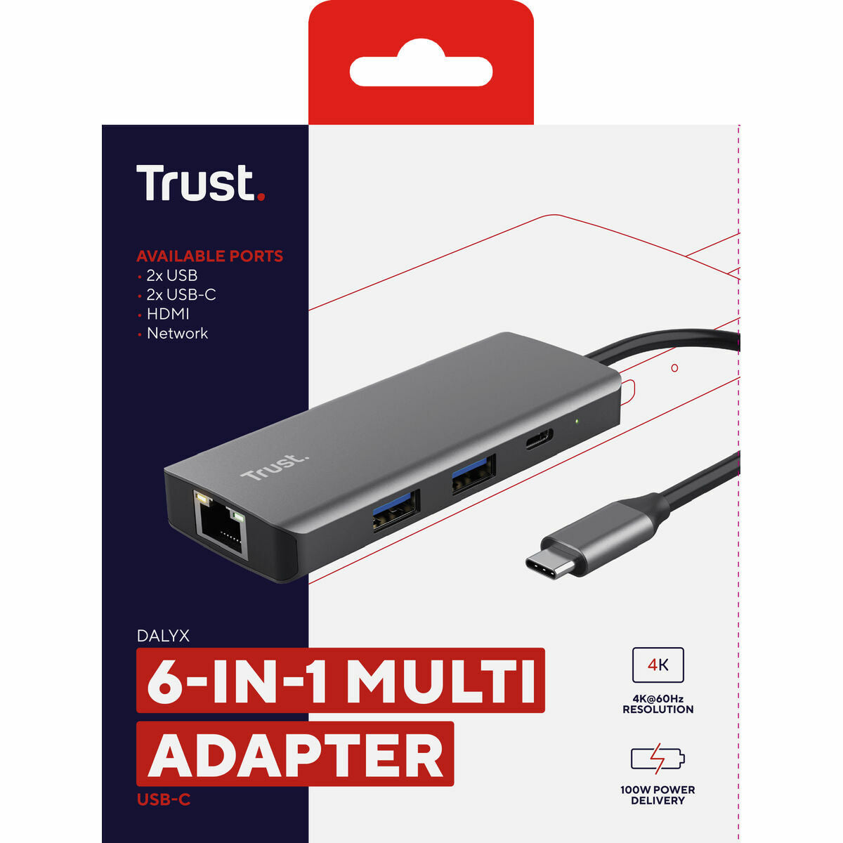 TRUST Adaptateur DALYX USB-C 6 en 1 2 USB-C 2 USB 1 HDMI 1 Ethernet