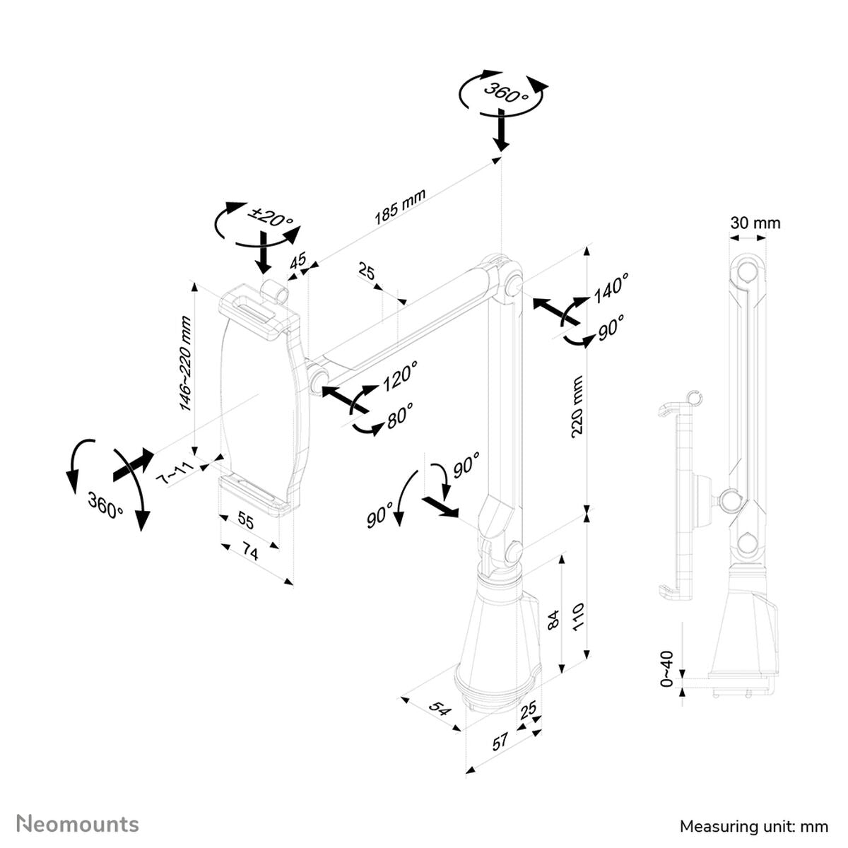 NEOMOUNTS TABLET-D100SILVER Porte-tablette à pince pour bureau 4.7-12.9p - universel - orientable