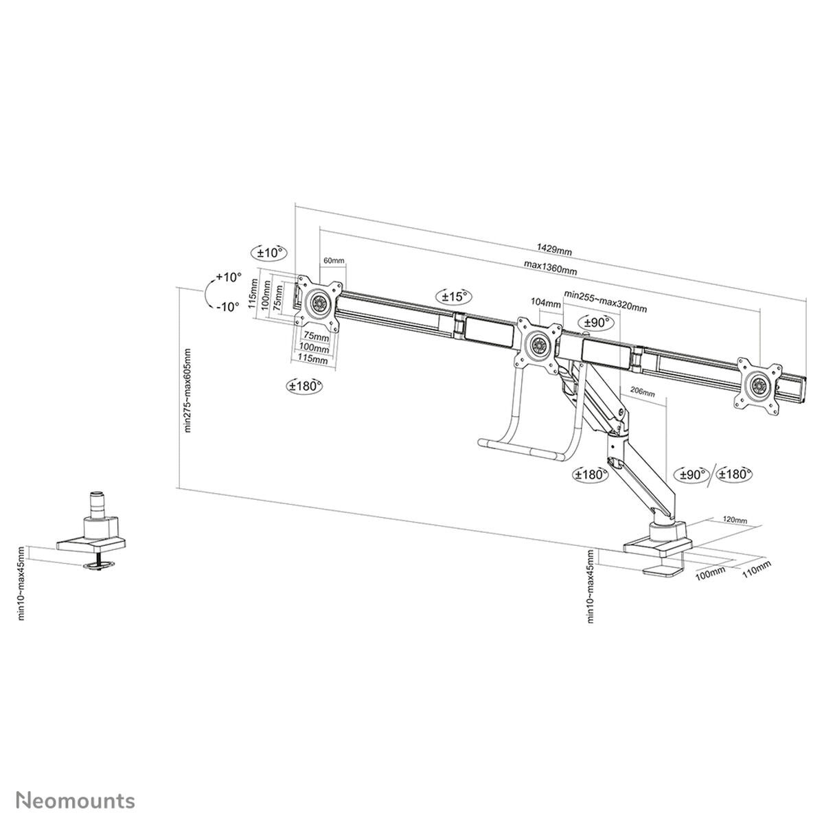 NEOMOUNTS NM-D775DX3WHITE Support décran à fixer 17-27p - ressort à gaz - Topfix - arrêt 180