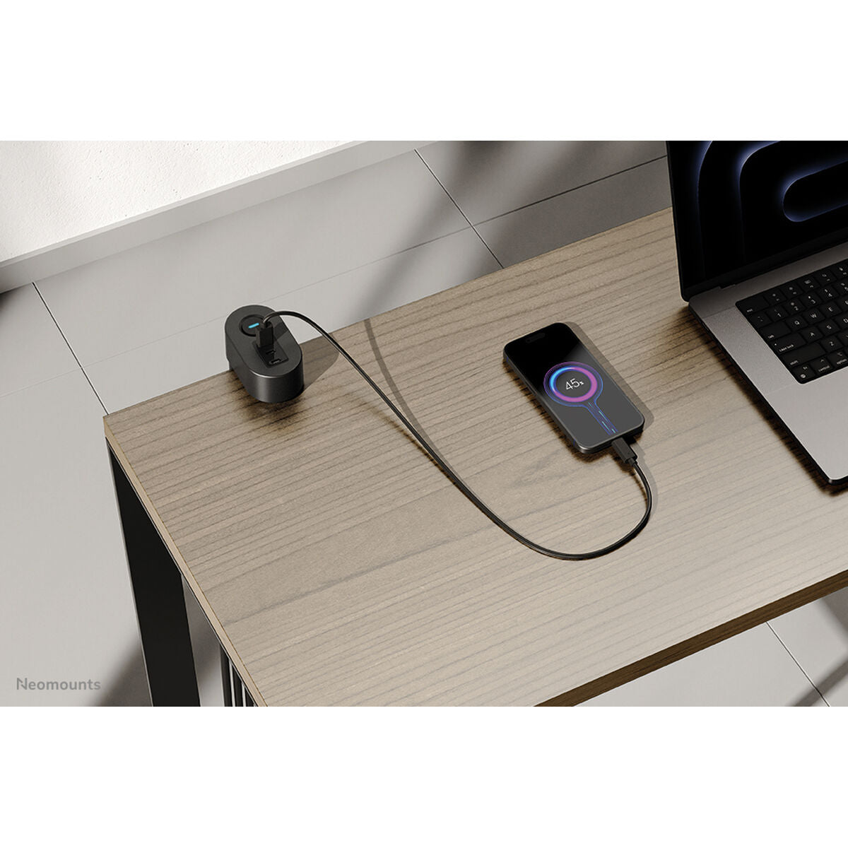 NEOMOUNTS VOLT Desk Clamp socket with Quick-charge USB Ports clamp 0-50mm 3x type-F 230V 1x USB-A 18W 2x USB-C 20W