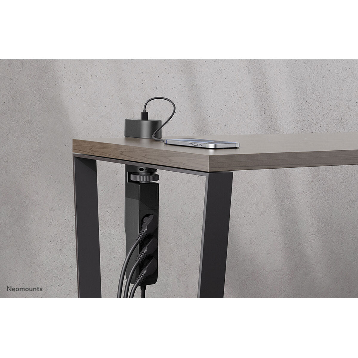 NEOMOUNTS VOLT Desk Clamp socket with Quick-charge USB Ports clamp 0-50mm 3x type-F 230V 1x USB-A 18W 2x USB-C 20W