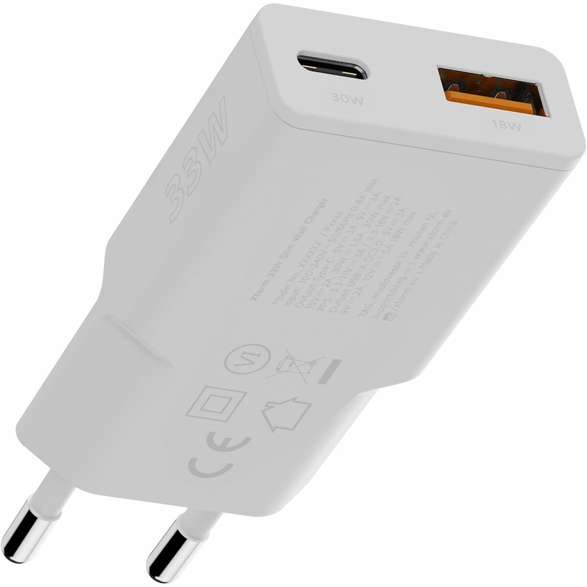 XTORM Chargeur mural slim XG2SL033 33 W 2 ports USB-A USB-C PD certifié GRS