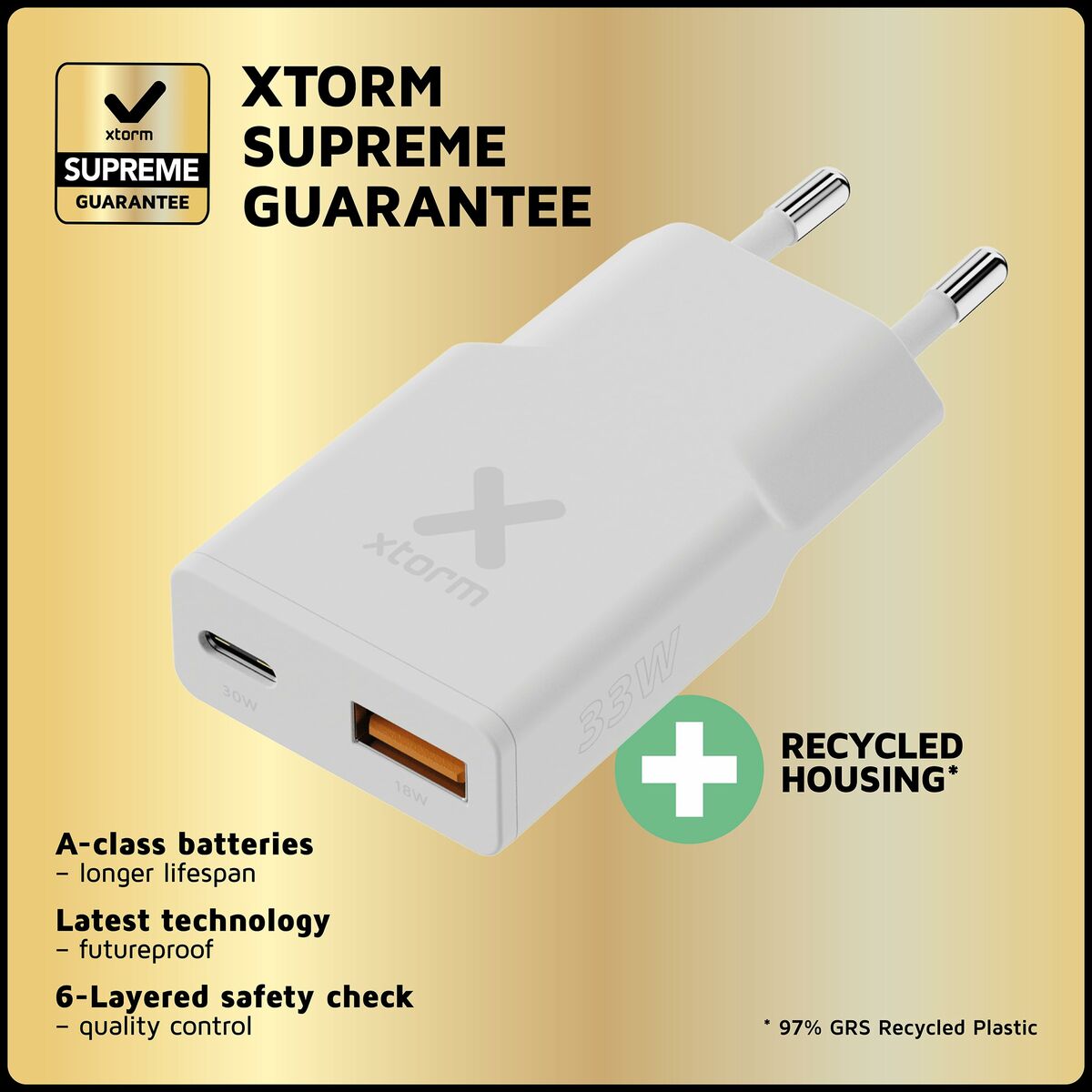 XTORM Chargeur mural slim XG2SL033 33 W 2 ports USB-A USB-C PD certifié GRS