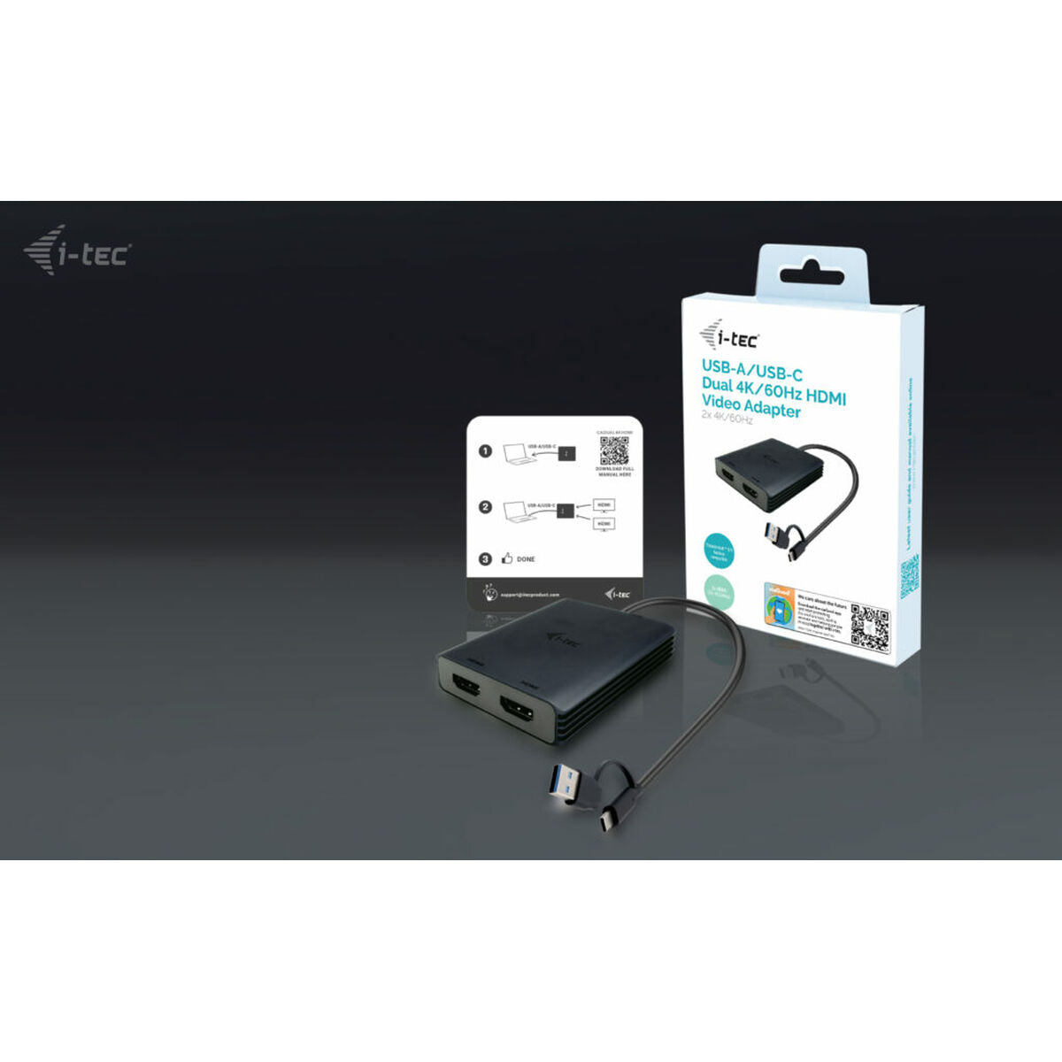 I-TEC USB-A/USB-C Dual 4K HDMI Video Adapter 2x 4K HDMI Display Adapter with DisplayLink Chip 6950
