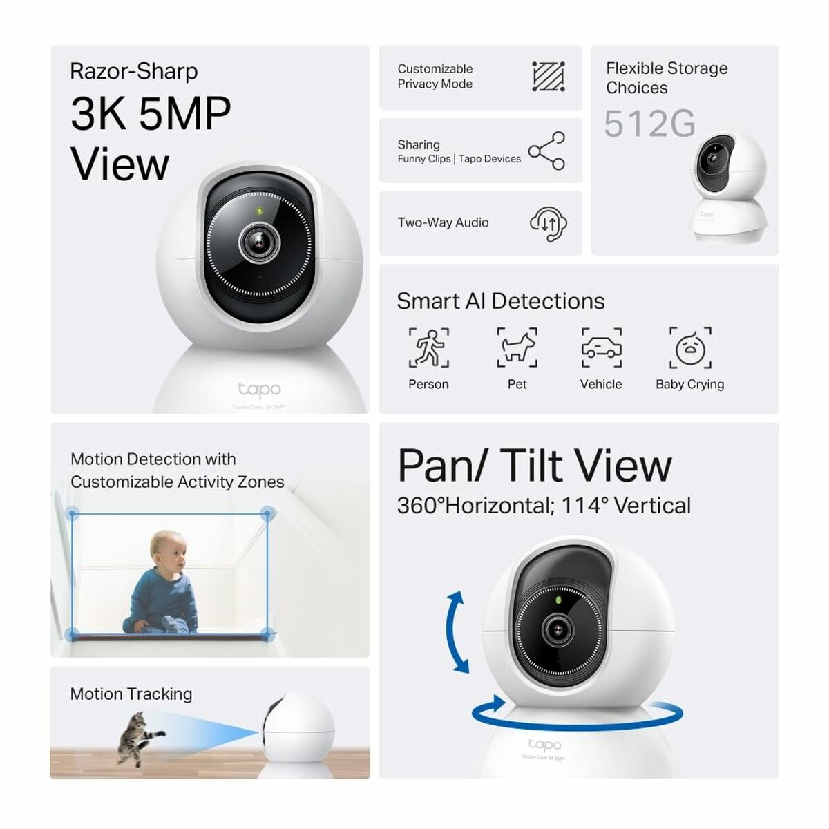 TP-LINK Pan/Tilt AI Home Security Wi-Fi Camera 3K 5MP 2880x1620 2.4GHz