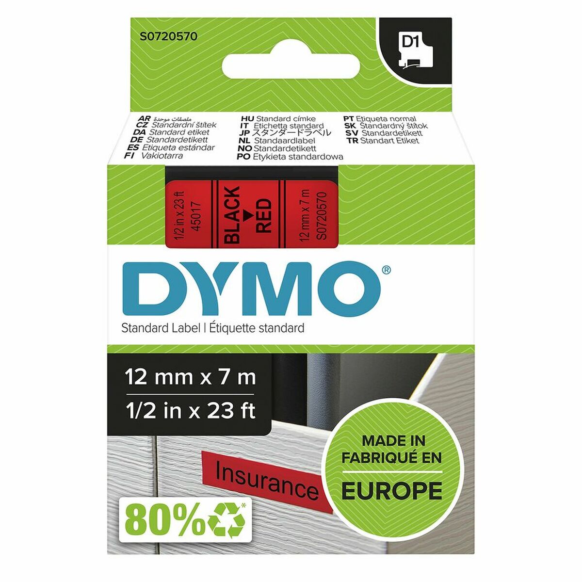 DYMO Ruban D1 - 12 mm noir sur rouge