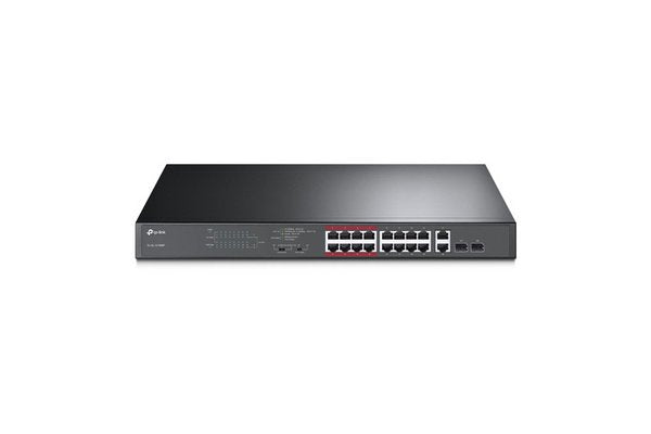 TP-LINK 16-Port 10/100Mops PoE+ Switch 16 10/100Mops RJ45 Ports 2 Gigabit RJ45 Ports 2 Combo SFP Slots 802.3at/af 192W PoE