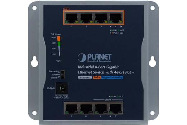 PLANET P30 Industrial 8-Port Non-géré Connexion Ethernet, supportant l'alimentation via ce port (PoE) Bleu, Gris