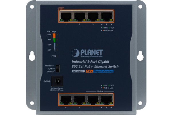 PLANET IP30 Industrial 8-Port Non-géré Gigabit Ethernet (10/100/1000) Connexion Ethernet, supportant l'alimentation via ce port (PoE) Gris