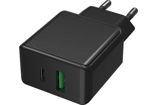 CHARGEUR SECTEUR 1 PORT USB Type-A QC + 1 PORT USB Type-C PD NOIR