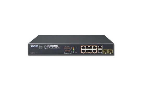PLANET FGSD-1008HPS commutateur réseau Géré Fast Ethernet (10/100) Connexion Ethernet, supportant l'alimentation via ce port (PoE) Bleu