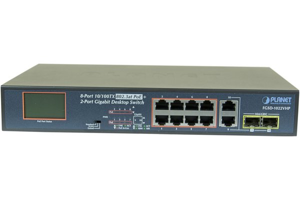 PLANET FGSD-1022VHP commutateur réseau Non-géré L2 Fast Ethernet (10/100) Connexion Ethernet, supportant l'alimentation via ce port (PoE) 1U Bleu