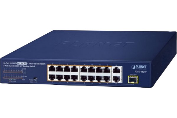 PLANET 16-Port 10/100TX 802.3at PoE Non-géré Fast Ethernet (10/100) Connexion Ethernet, supportant l'alimentation via ce port (PoE) 1U Bleu