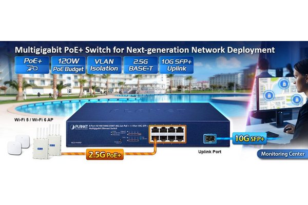 Planet MGS-910XP 8-Port 10/100/1000/2500T 802.3at PoE + 1-Port 10G SFP+ Multigigabit Ethernet Switch (120 Watts PoE Budget, Standard/VLAN mode, desktop size wit