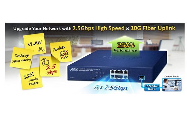Planet MGS-910X 8-Port 10/100/1000/2500T + 1-Port 10G SFP+ Multigigabit Ethernet Switch (Fanless design, Standard/VLAN mode, desktop size with rackmount kit)