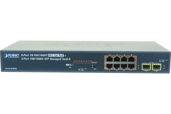 PLANET GS-4210-8P2S commutateur réseau Géré Gigabit Ethernet (10/100/1000) Connexion Ethernet, supportant l'alimentation via ce port (PoE) 1U Bleu