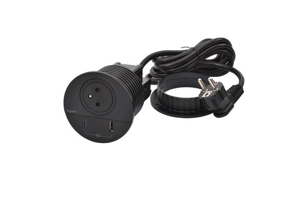 Disq80 Incara noir prise f/b usb a+c cordon 2m avec fiche