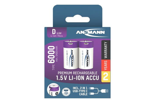 ANSMANN Accu lithium Mono D, 2 pièces, rechargeables Type-C, 1,5 V