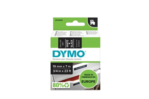 DYMO Ruban d étiquettes autocollantes D1 19 mm x 7 m, blanc sur noir