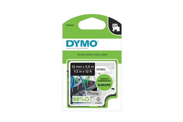 Ruban dymo D1 haute performance 12mm noir sur blanc