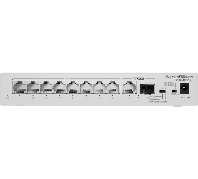 Huawei Switch S110-8P2ST (8*GE ports (124W PoE+), 1*GE SFP port, 1*GE port, AC power, power adapter)