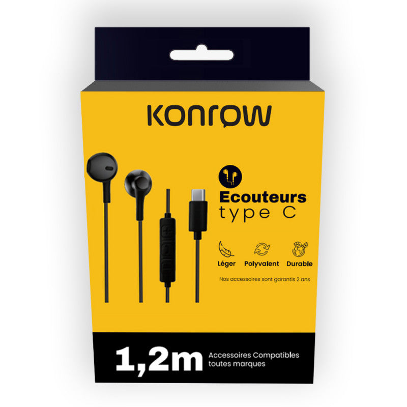 Konrow KE-BTC - Ecouteurs Type C (1,2m, Noir) - Emballage Original