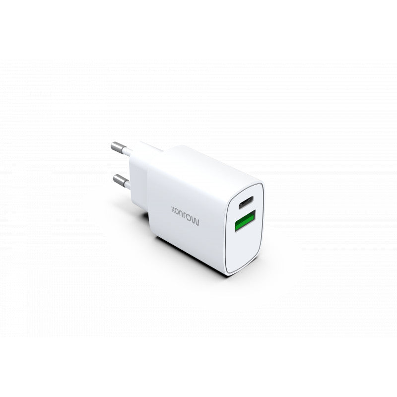 Konrow KC20ACW - Adaptateur Secteur 2 Ports Type A & Type C - Charge rapide 20W - Blanc  (Blister)
