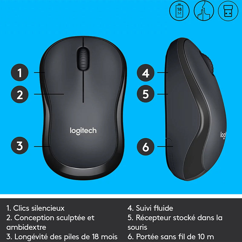 LOGITECH M220 Silent Mouse optical 3 buttons wireless 2.4 GHz USB wireless receiver charcoal