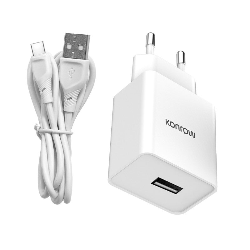 Konrow KK12AATC - Chargeur Secteur Complet (Adaptateur USB 12W & Câble USB Type C détachable, 1m) Blanc (Compatible, Blister)
