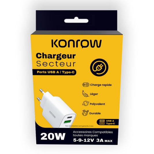 Konrow KC20ACW - Adaptateur Secteur 2 Ports Type A & Type C - Charge rapide 20W - Blanc  (Blister)
