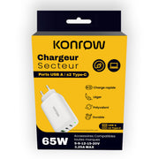 Konrow KC65ACCW - Adaptateur Secteur 3 Ports ( 1 Port Type A & 2 Ports Type C ) Charge rapide 65W - Blanc (Blister)