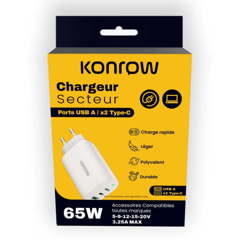 Konrow KC65ACCW - Adaptateur Secteur 3 Ports ( 1 Port Type A & 2 Ports Type C ) Charge rapide 65W - Blanc (Blister)