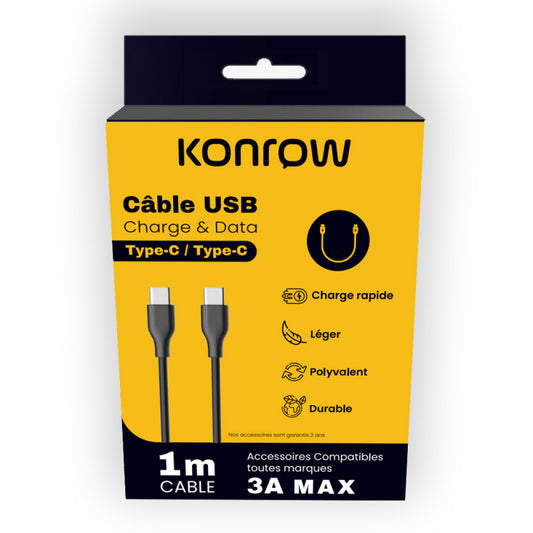 Konrow KCCTCPB1 - Câble USB Type C  vers Type C (1m, Noir) - Emballage Original