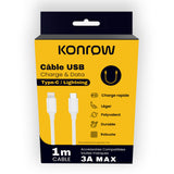 Konrow KCCTLNPDW1 - Câble USB Lightning vers Type C (1m, Nylon, Blanc) - Emballage Original