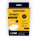 Konrow KK12AATL - Chargeur Secteur Complet (Adaptateur USB 12W & Câble Lightning détachable, 1m) Blanc (Compatible, Blister)