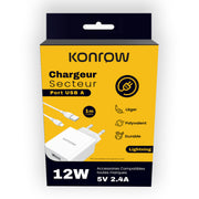 Konrow KK12AATL - Chargeur Secteur Complet (Adaptateur USB 12W & CÃ¢ble Lightning dÃ©tachable, 1m) Blanc (Compatible, Blister)