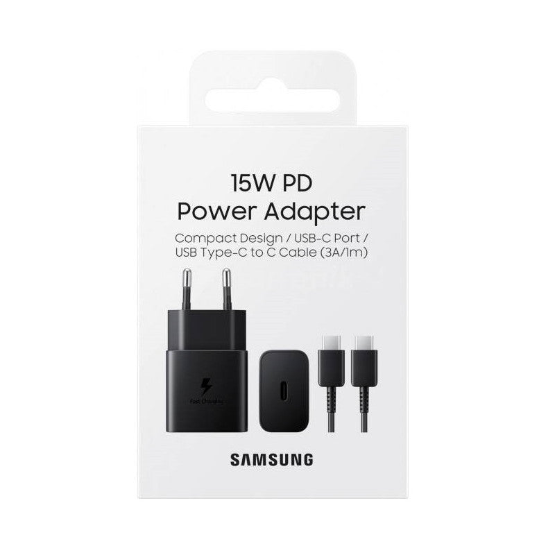 Samsung EP-T1510XBE - Chargeur Secteur Complet - Adaptateur 15W & Câble USB Type-C vers Type-C - Noir - Emballage Original