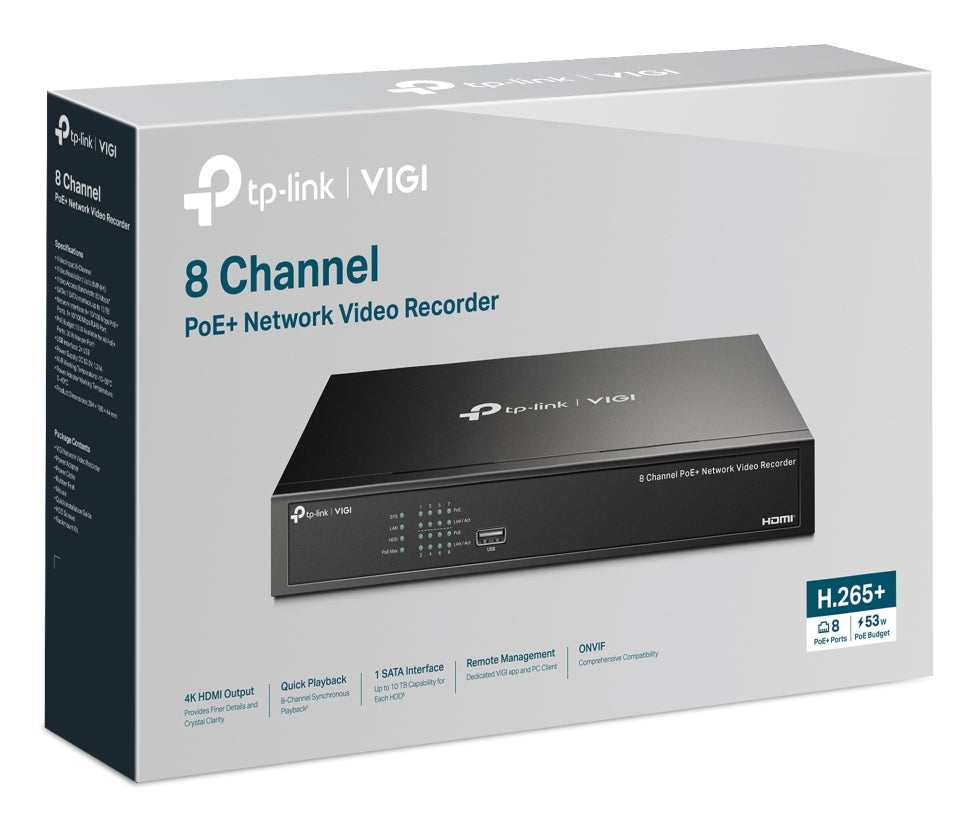 TP-LINK 8 Channel PoE+ Network Video Recorder 10/100 Mbps PoE+ 53W