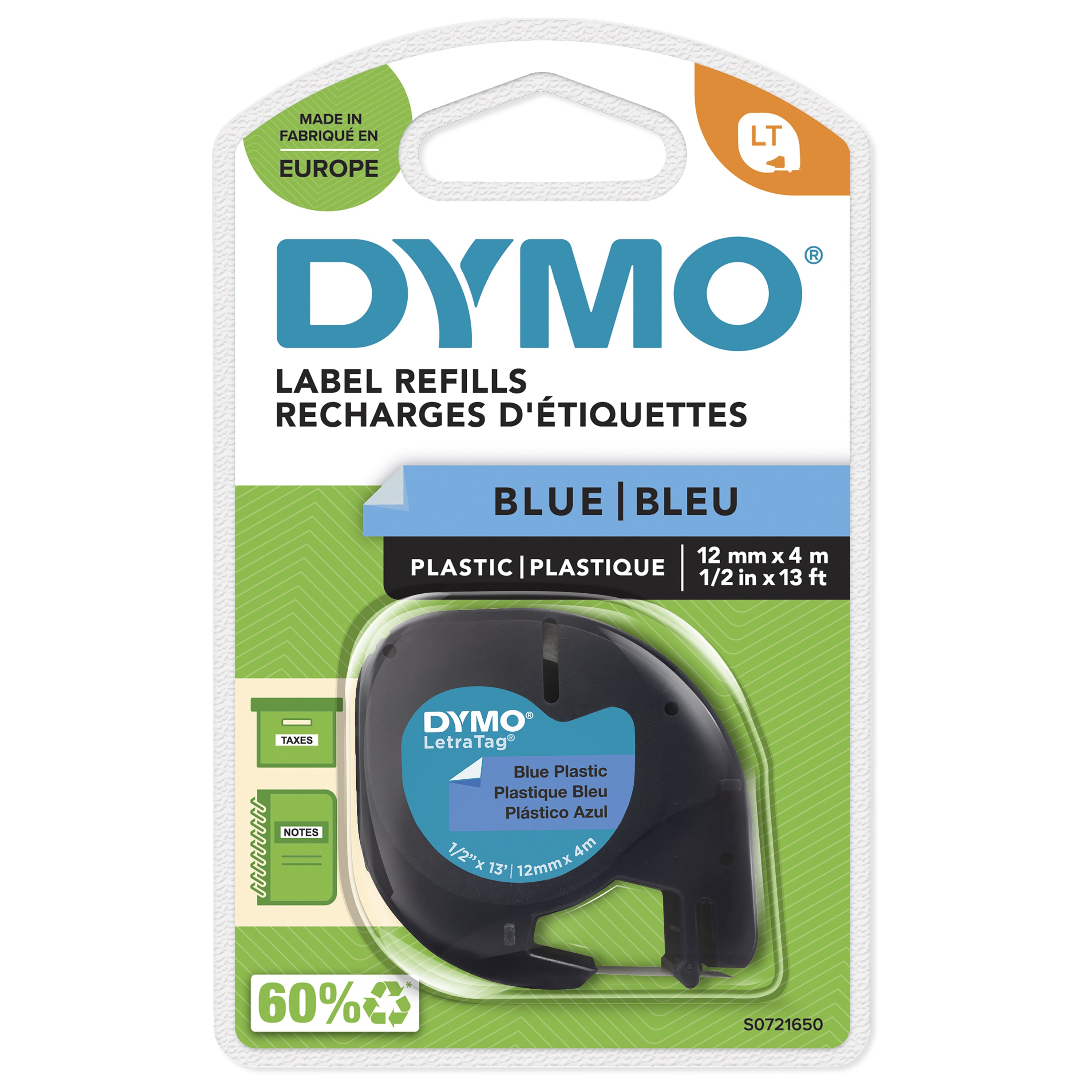 Ruban plastique dymo noir/bleu 12MM pour letratag