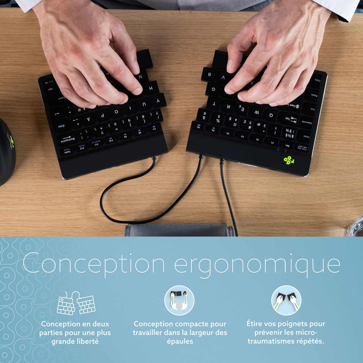R-GO TOOLS Clavier ergo Split Break v2, divisé, filaire noir